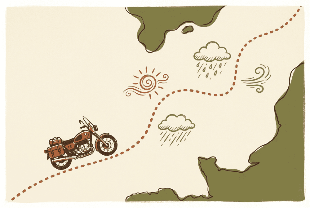 Illustration: Motorrad auf einer gepunkteten Reiseroute zwischen Sonne, Regenwolke und Wind